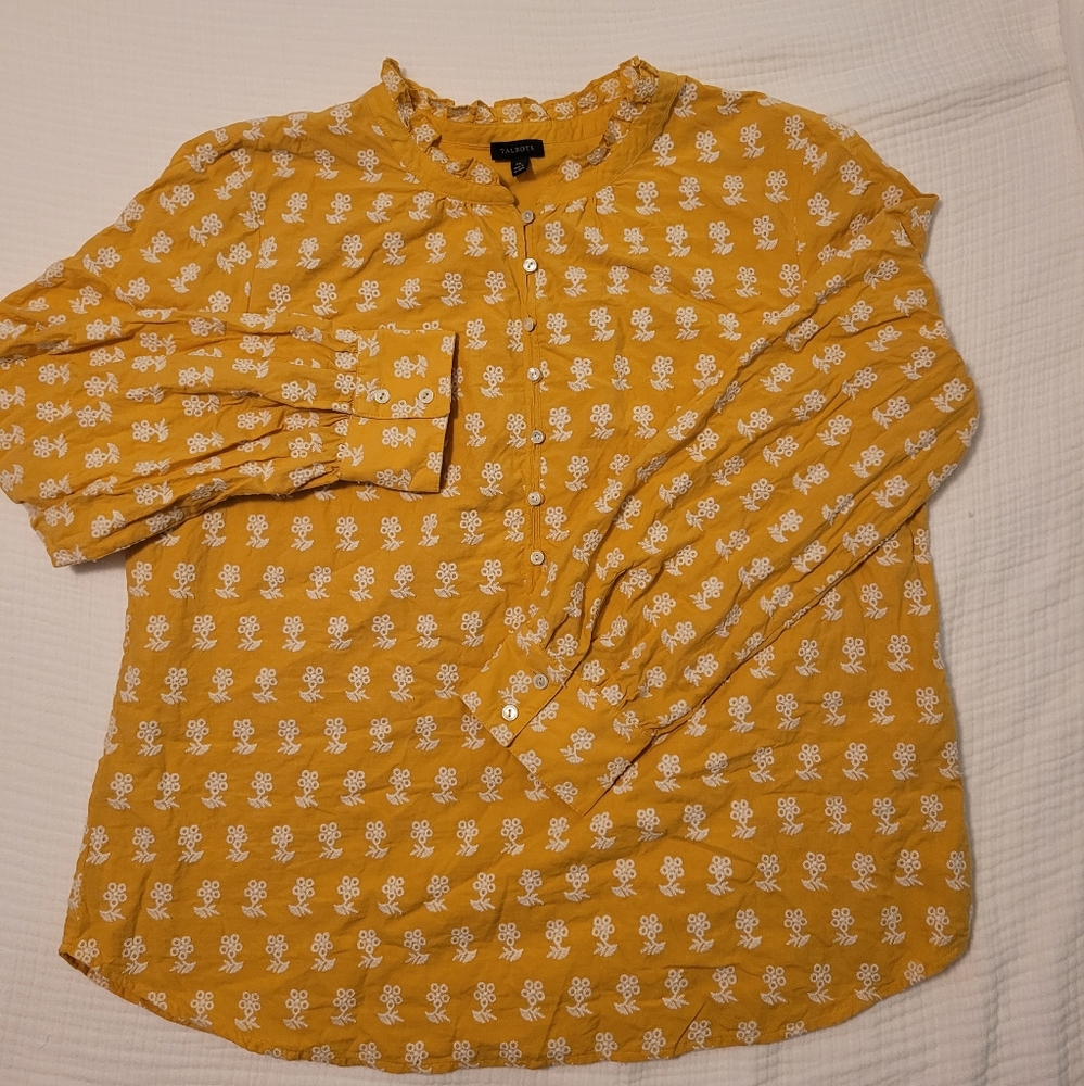 Talbots Mustard Blouse with White Floral Design